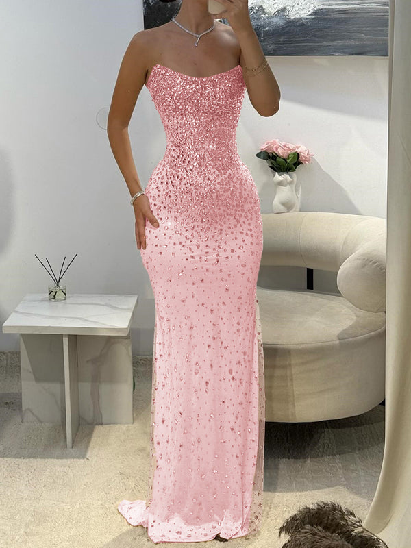 Sheath Straight Rhinestone Tulle Prom Dress