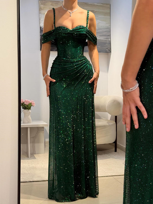 Sheath Cold Shoulder Pleated Floor-Length Corset Prom Dress