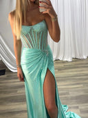 Sheath Straight Beading Sweep Train Silk Like Satin Corset Prom Dress