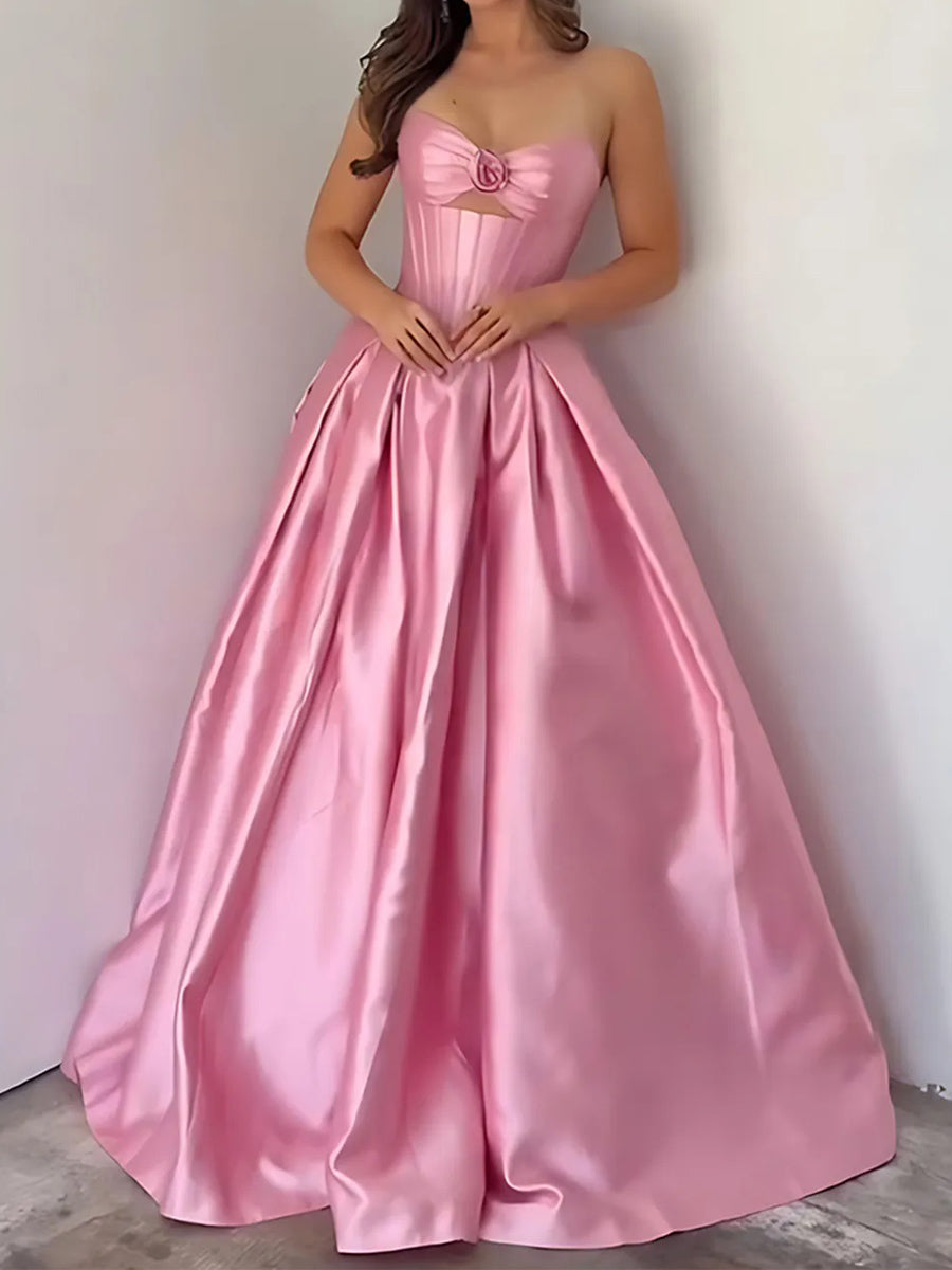 Ball-Gown Sweetheart Pleated Floor-Length Satin Corset Prom Dress