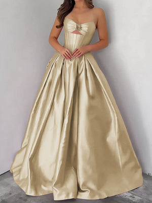 Ball-Gown Sweetheart Pleated Floor-Length Satin Corset Prom Dress