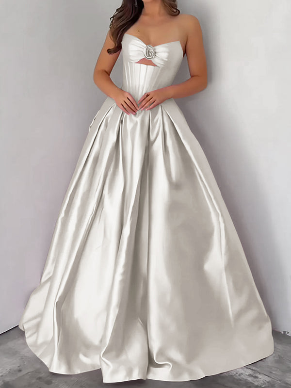 Ball-Gown Sweetheart Pleated Floor-Length Satin Corset Prom Dress