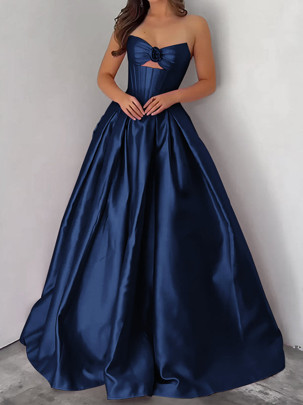 Ball-Gown Sweetheart Pleated Floor-Length Satin Corset Prom Dress