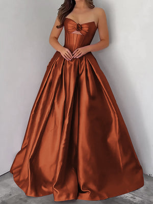 Ball-Gown Sweetheart Pleated Floor-Length Satin Corset Prom Dress