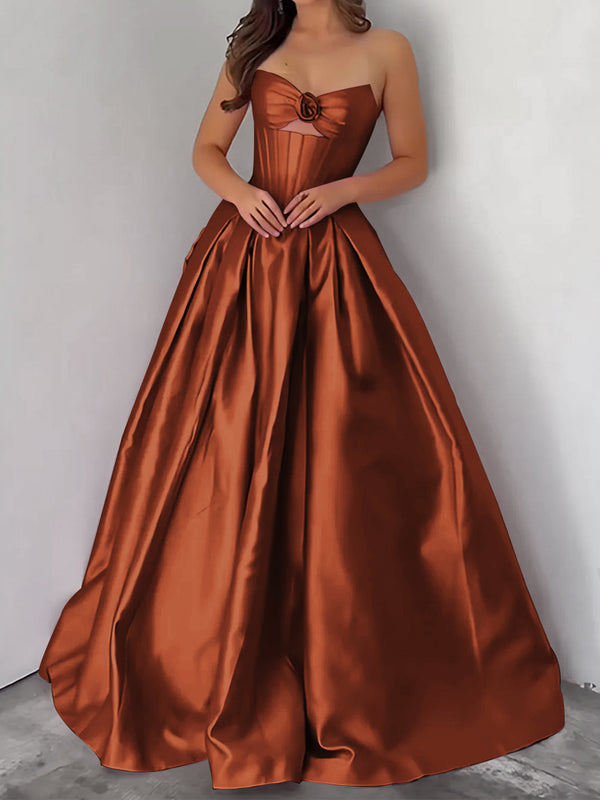 Ball-Gown Sweetheart Pleated Floor-Length Satin Corset Prom Dress