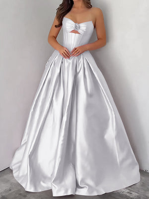 Ball-Gown Sweetheart Pleated Floor-Length Satin Corset Prom Dress