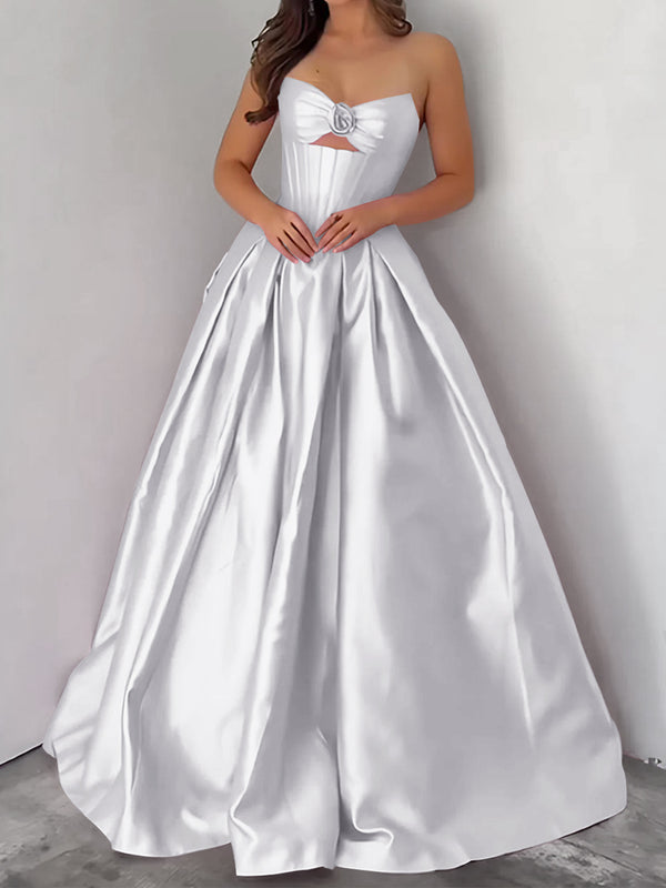 Ball-Gown Sweetheart Pleated Floor-Length Satin Corset Prom Dress