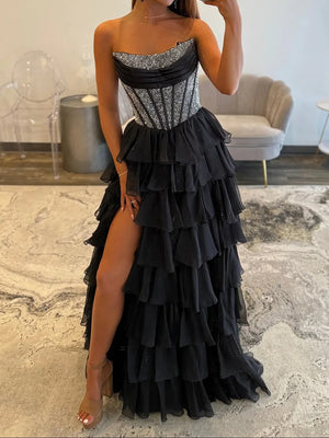 A-line Straight Beading Sweep Train Chiffon Corset Prom Dress