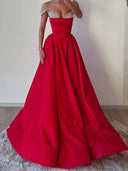A-line Off-the-Shoulder Rhinestone Sweep Train Satin Corset Prom Dress