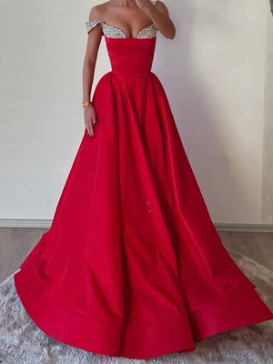 A-line Off-the-Shoulder Rhinestone Sweep Train Satin Corset Prom Dress