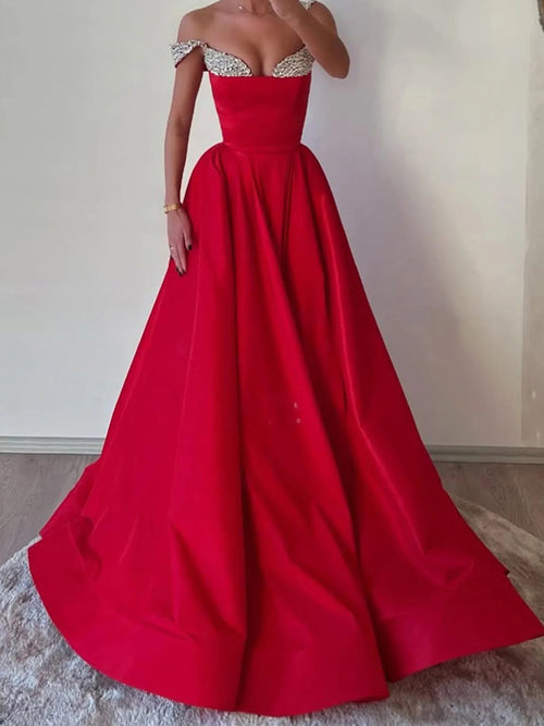 A-line Off-the-Shoulder Rhinestone Sweep Train Satin Corset Prom Dress
