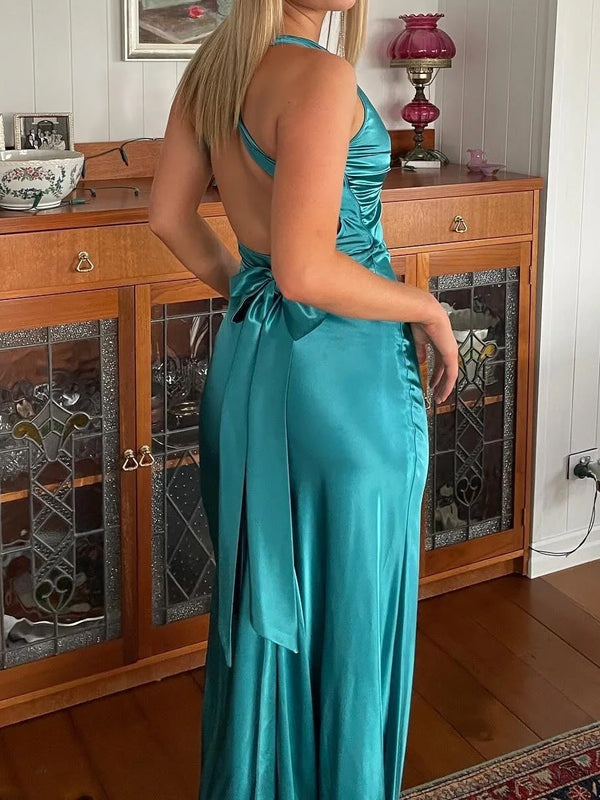Sheath V-neck Bow Sweep Train Silk Like Satin Prom Dress