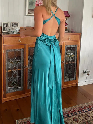 Sheath V-neck Bow Sweep Train Silk Like Satin Prom Dress