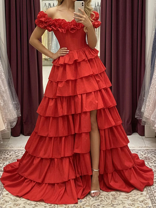 A-line Off-the-Shoulder Cascading Ruffles Floor-Length Taffeta Corset Prom Dress