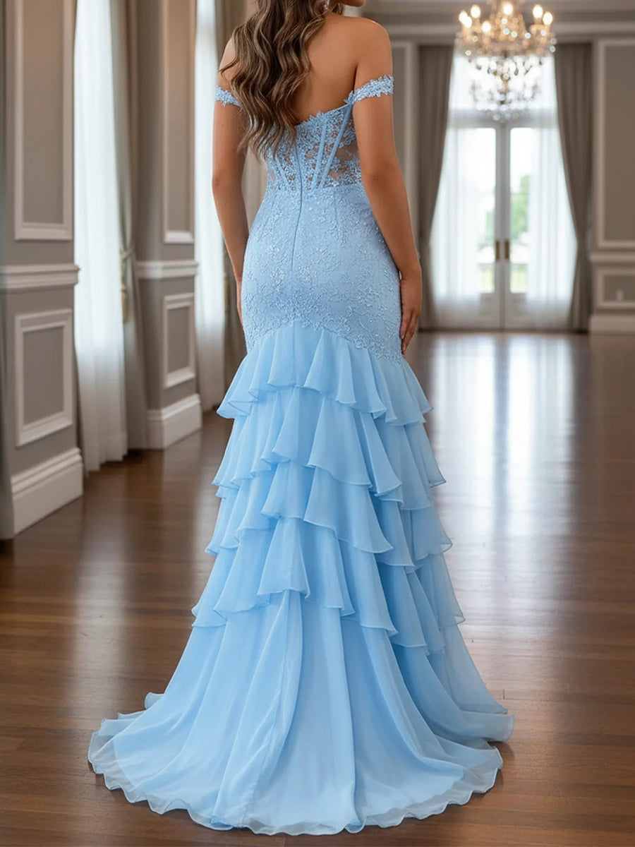 Sheath Off-the-Shoulder Cascading Ruffles Sweep Train Chiffon Corset Prom Dress