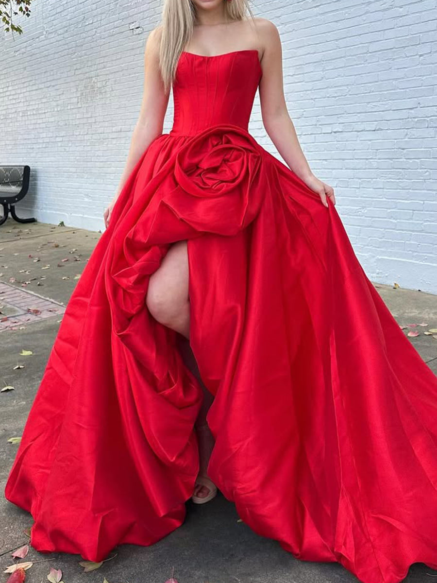 A-line Straight Flower Court Train Satin Corset Prom Dress