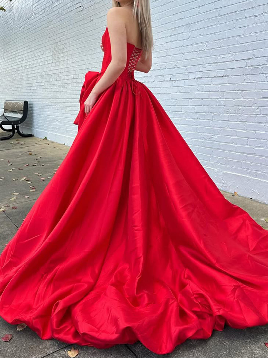 A-line Straight Flower Court Train Satin Corset Prom Dress