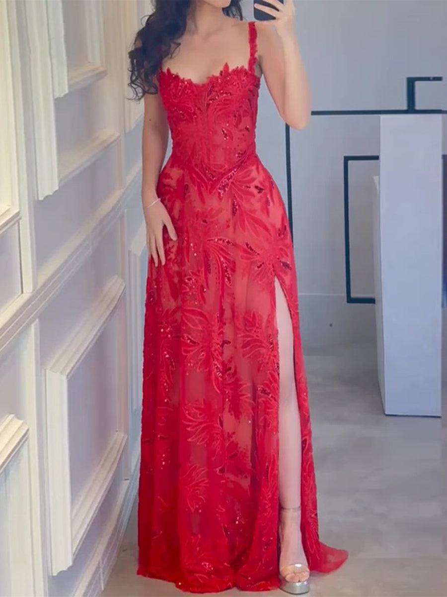 A-line Straps Appliques Lace Floor-Length Tulle Corset Prom Dress
