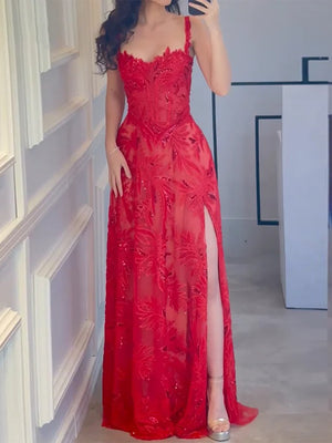 A-line Straps Appliques Lace Floor-Length Tulle Corset Prom Dress