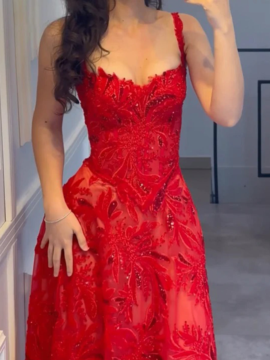 A-line Straps Appliques Lace Floor-Length Tulle Corset Prom Dress