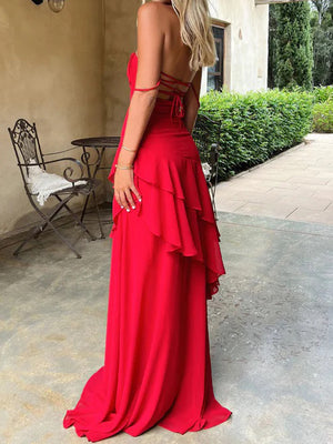 Sheath Spaghetti Straps Cascading Ruffles Sweep Train Chiffon Prom Dress