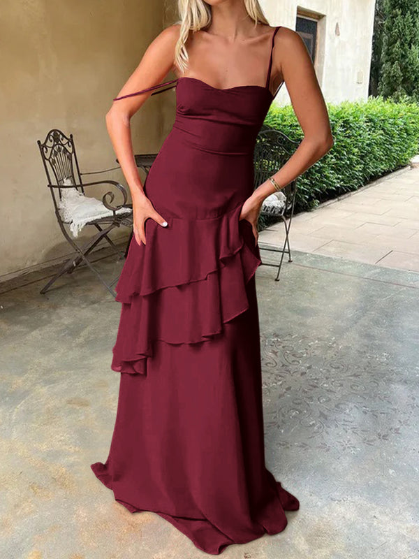 Sheath Spaghetti Straps Cascading Ruffles Sweep Train Chiffon Prom Dress