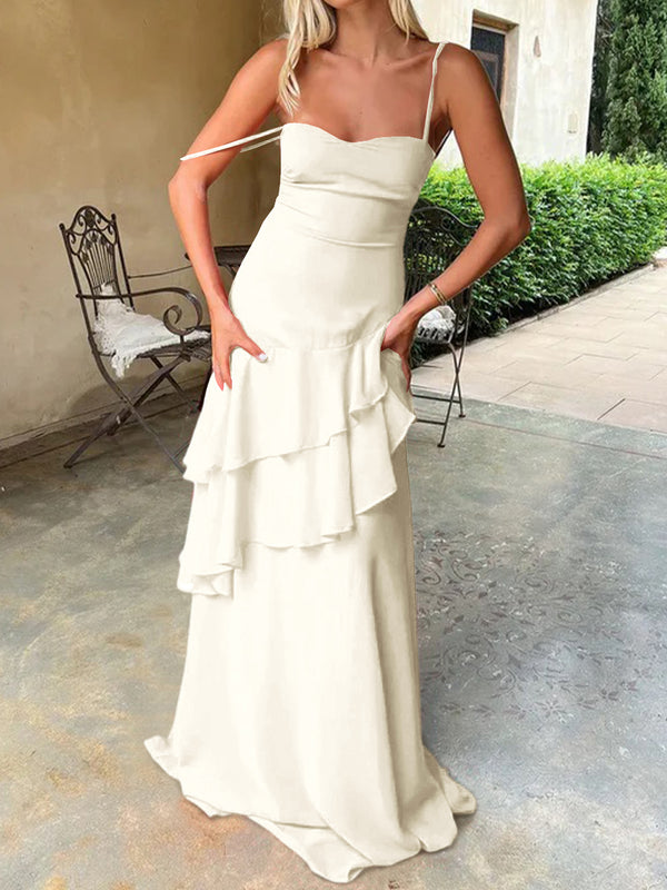 Sheath Spaghetti Straps Cascading Ruffles Sweep Train Chiffon Prom Dress
