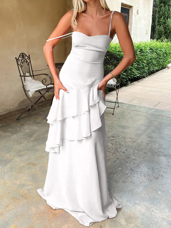 Sheath Spaghetti Straps Cascading Ruffles Sweep Train Chiffon Prom Dress