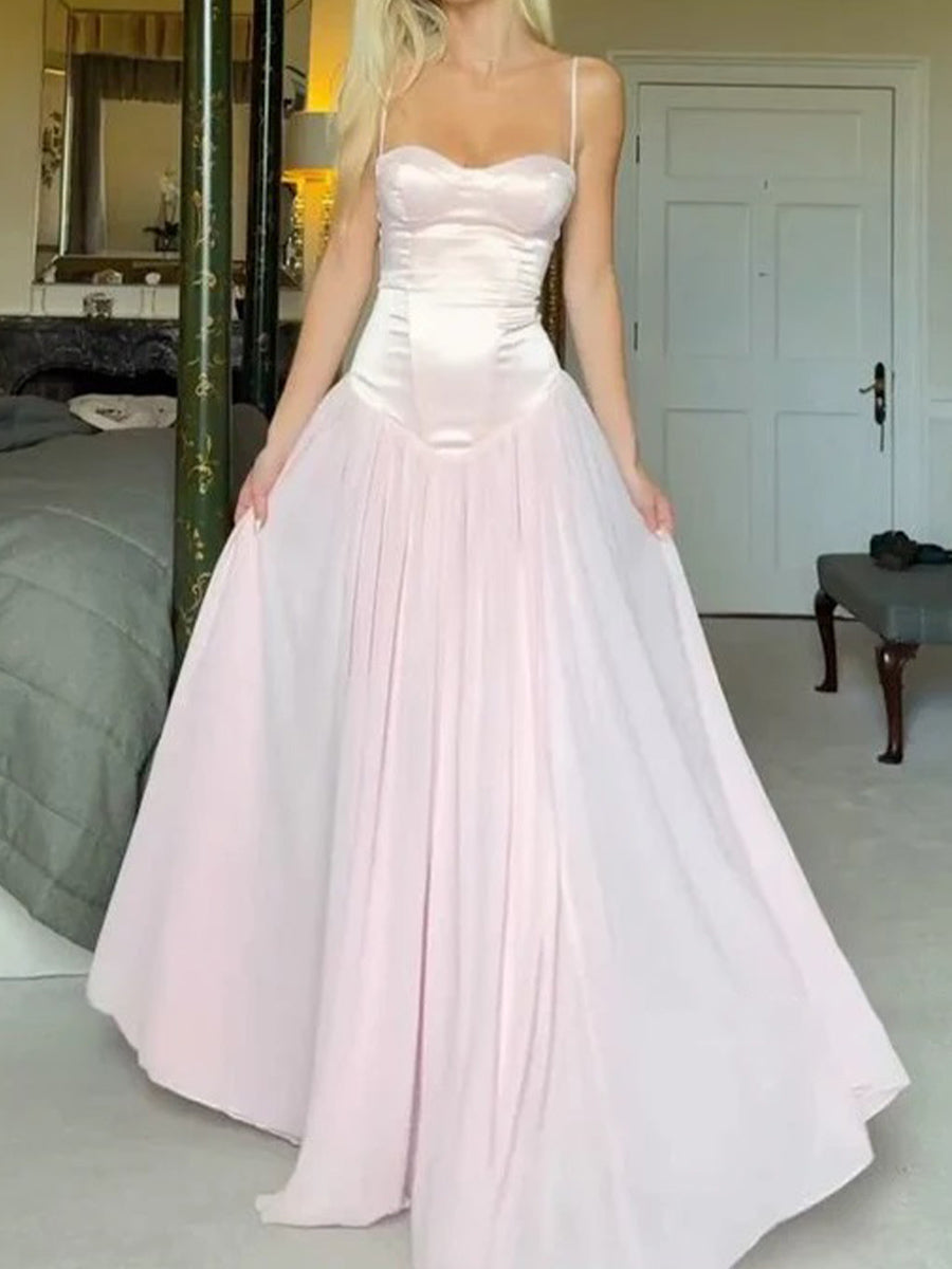 A-line Spaghetti Straps Pleated Floor-Length Chiffon Corset Prom Dress