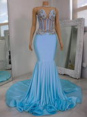 Mermaid V-neck Rhinestone Chapel Train Jersey Corset Prom Dress