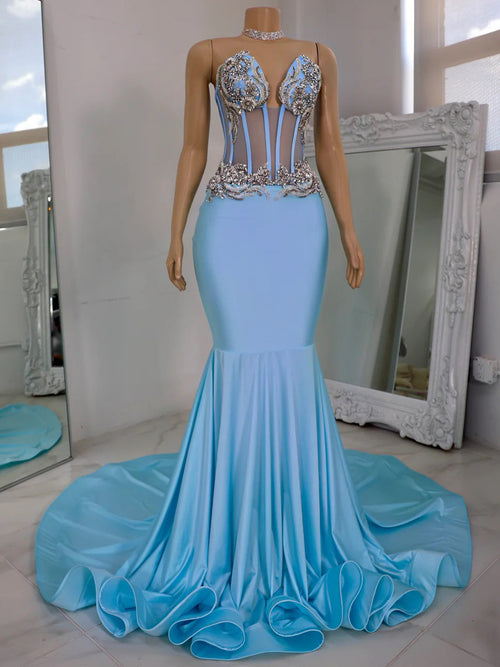 Mermaid V-neck Rhinestone Chapel Train Jersey Corset Prom Dress