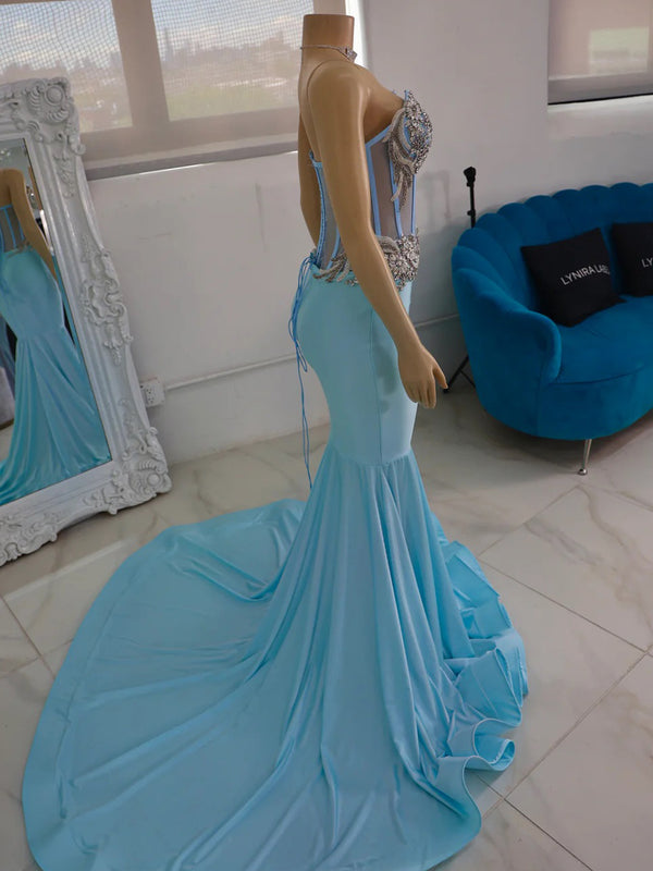 Mermaid V-neck Rhinestone Chapel Train Jersey Corset Prom Dress