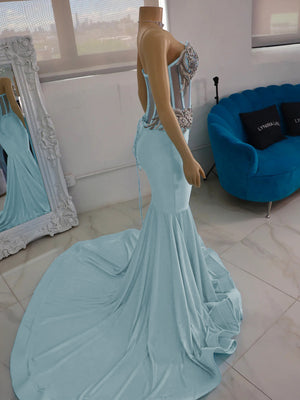 Mermaid V-neck Rhinestone Chapel Train Jersey Corset Prom Dress