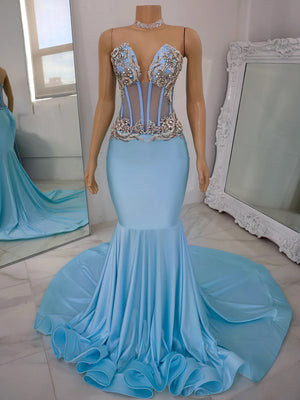 Mermaid V-neck Rhinestone Chapel Train Jersey Corset Prom Dress