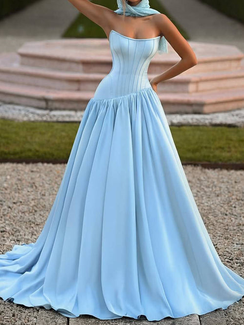 A-line Straight Pleated Sweep Train Stretch Crepe Prom Dress