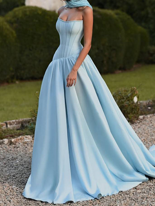 A-line Straight Pleated Sweep Train Stretch Crepe Prom Dress