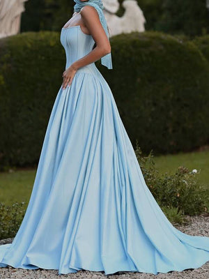 A-line Straight Pleated Sweep Train Stretch Crepe Prom Dress