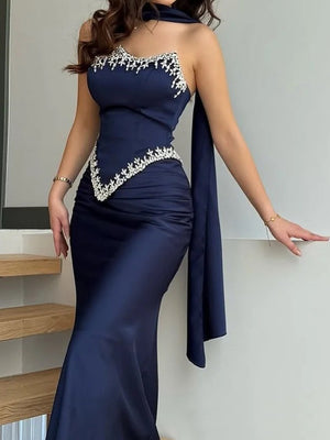 Sheath Scoop Rhinestone Floor-Length Silk Like Satin Corset Prom Dress