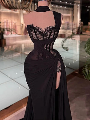 Sheath One-Shoulder Appliques Lace Sweep Train Satin Chiffon Corset Prom Dress