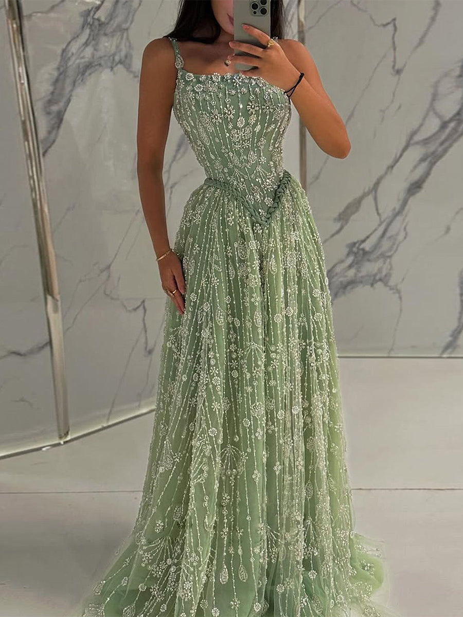 A-line Spaghetti Straps Appliques Lace Sweep Train Lace Prom Dress