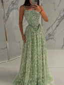 A-line Spaghetti Straps Appliques Lace Sweep Train Lace Prom Dress