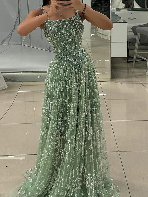 A-line Spaghetti Straps Appliques Lace Sweep Train Lace Prom Dress