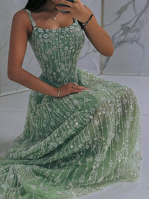 A-line Spaghetti Straps Appliques Lace Sweep Train Lace Prom Dress