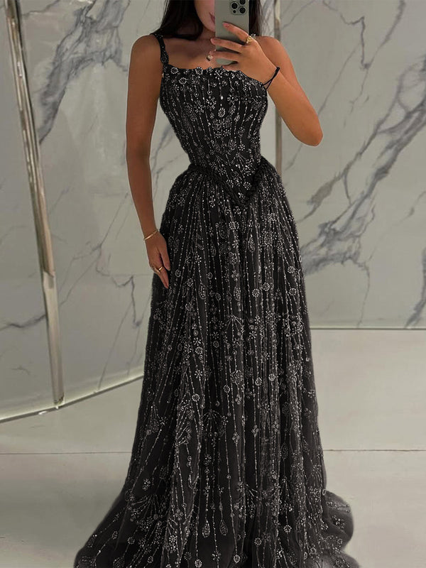 A-line Spaghetti Straps Appliques Lace Sweep Train Lace Prom Dress