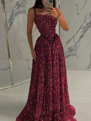 A-line Spaghetti Straps Appliques Lace Sweep Train Lace Prom Dress