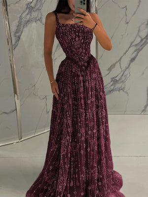 A-line Spaghetti Straps Appliques Lace Sweep Train Lace Prom Dress
