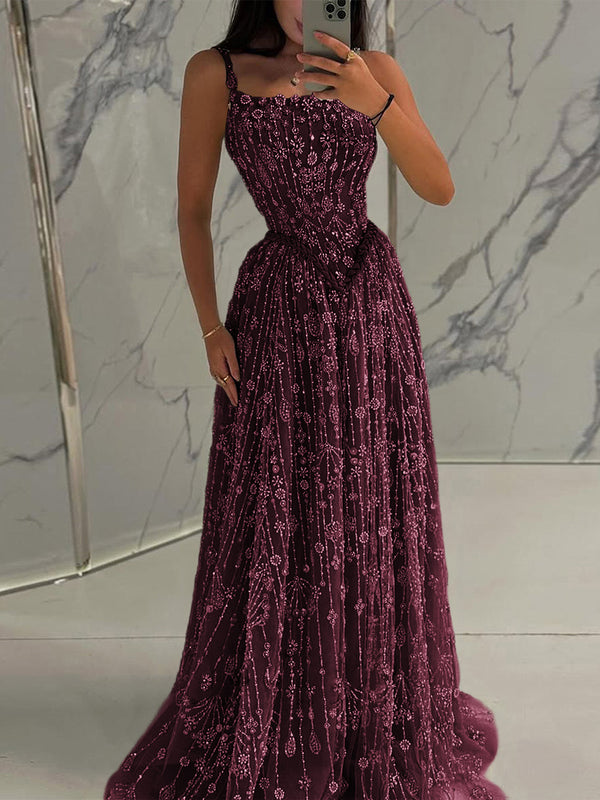 A-line Spaghetti Straps Appliques Lace Sweep Train Lace Prom Dress