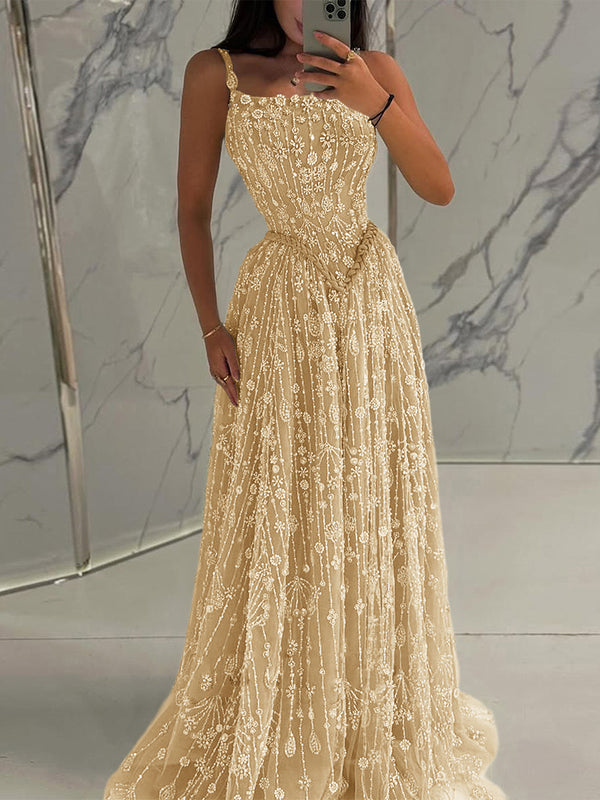 A-line Spaghetti Straps Appliques Lace Sweep Train Lace Prom Dress