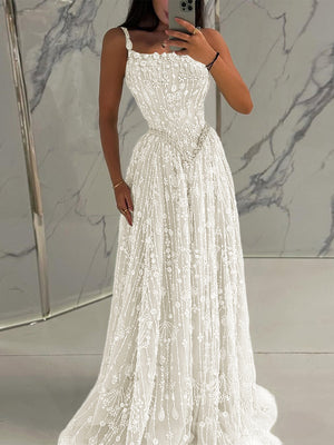 A-line Spaghetti Straps Appliques Lace Sweep Train Lace Prom Dress