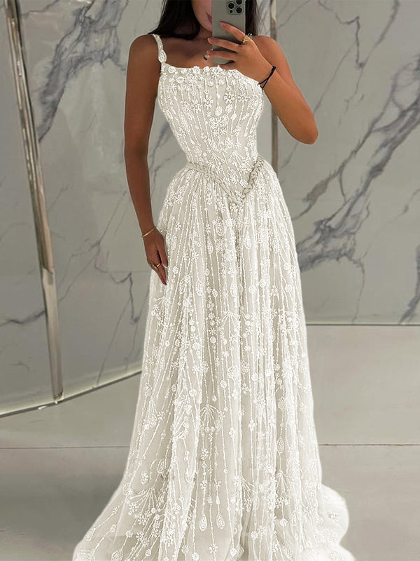 A-line Spaghetti Straps Appliques Lace Sweep Train Lace Prom Dress